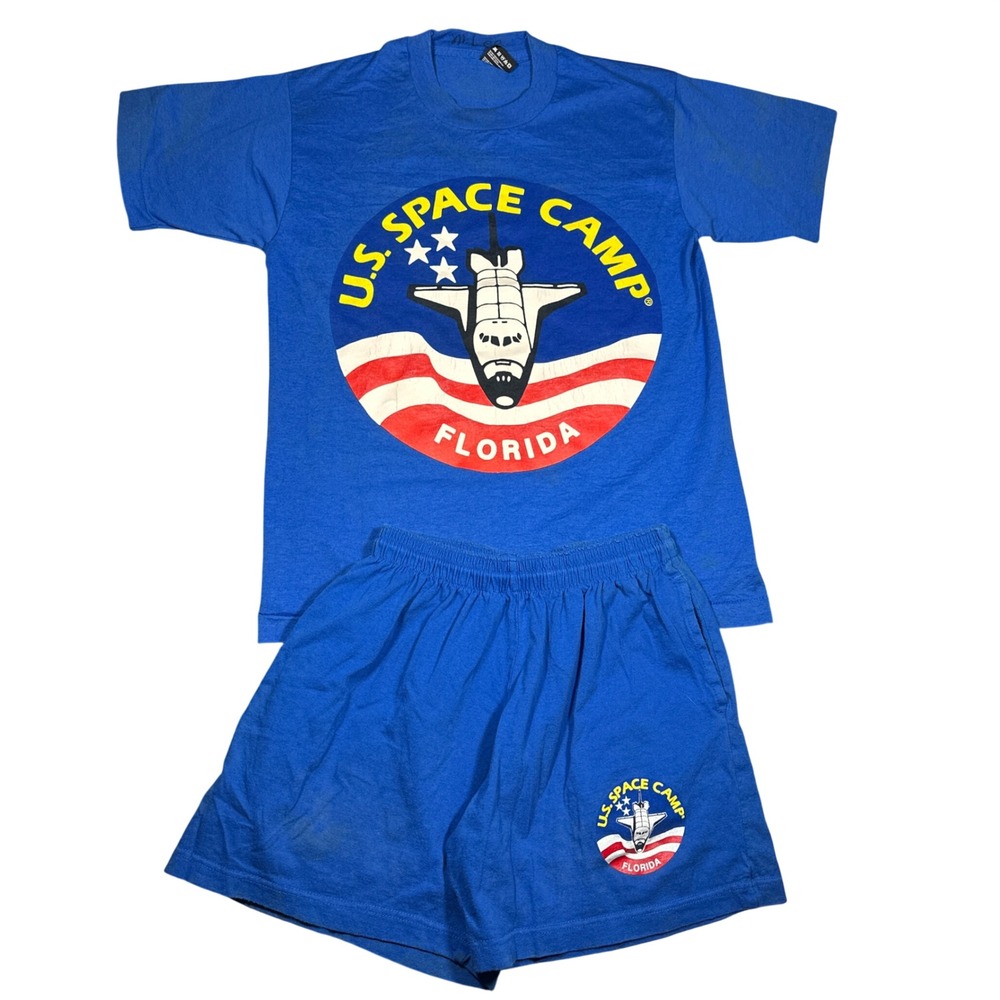Vintage US Space Camp Florida Shirt and Shorts Set Blue Kids Medium NASA USA